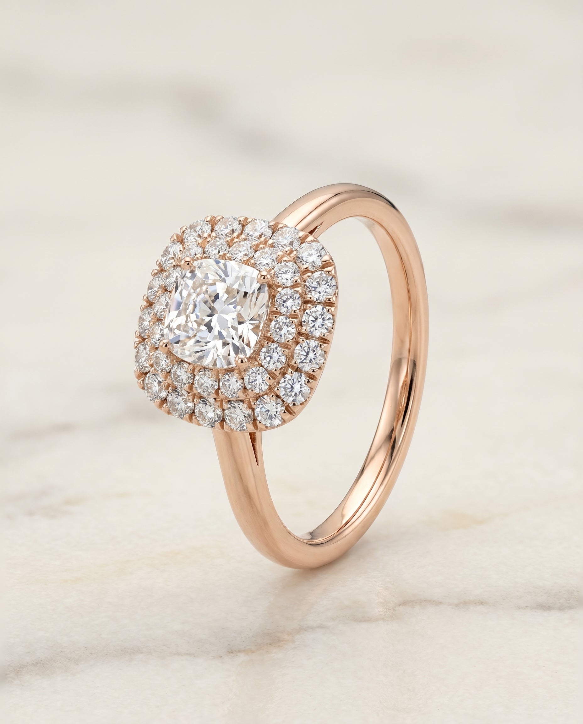 The Goldy stair double halo cut engagement ring setting, shown in 14K Rose Gold | RockHer