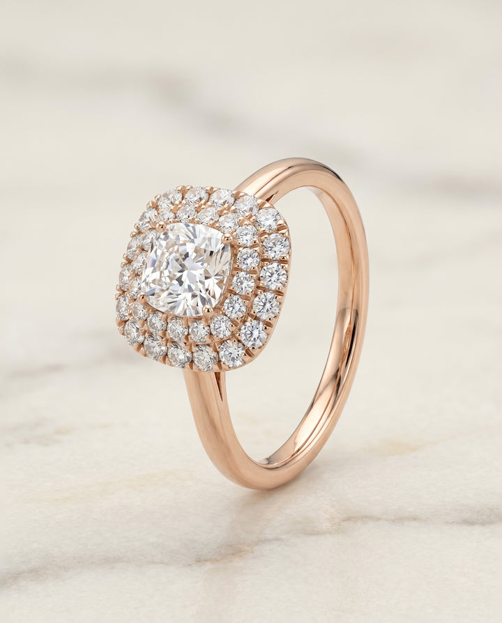Stair Step Double Halo Cushion, in 14K Rose Gold, pave setting – front view | RockHer