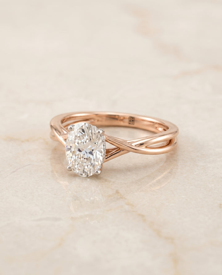 The Grace Twisted Shank Hidden Halo Solitaire Oval Engagement Ring Setting in 14K Rose Gold