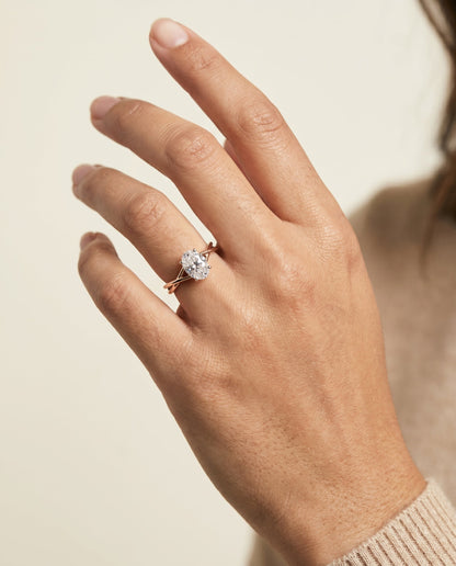 Grace Select Solitaire Oval Lab Diamond Engagement Ring in 14K Rose Gold, shown on hand | RockHer