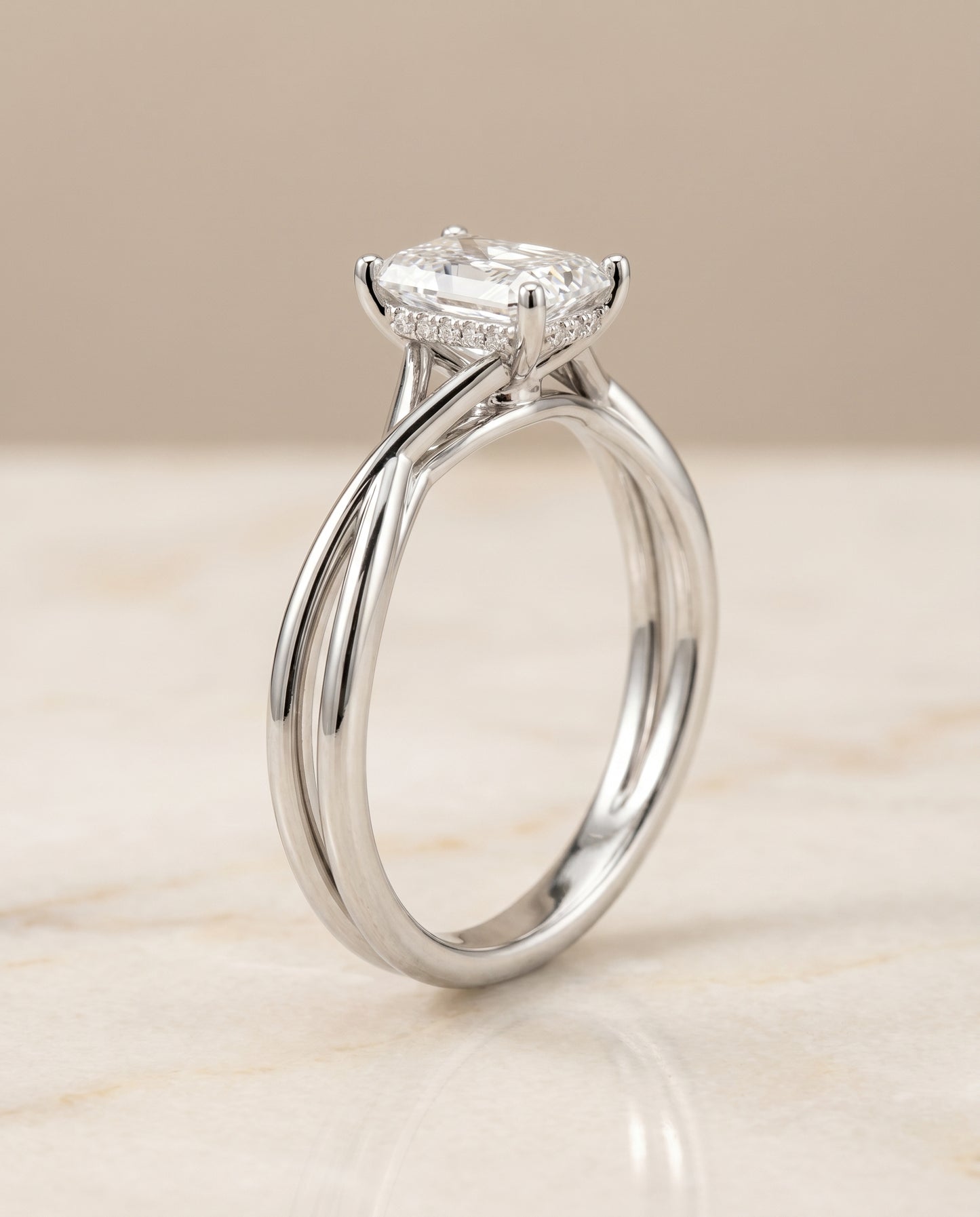 The Grace Twisted Shank Hidden Halo Solitaire Radiant Cut Engagement Ring Setting in 18K White Gold