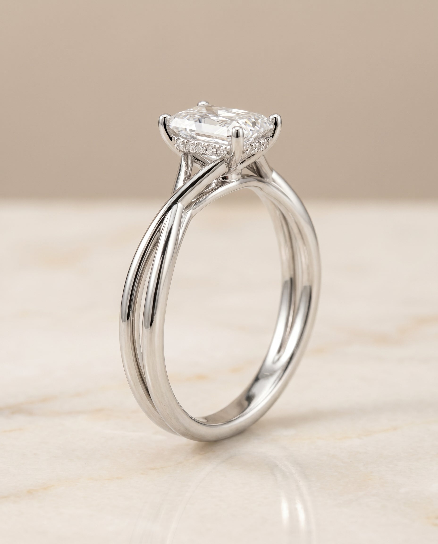 Twisted Shank Hidden Halo Solitaire Cut styling on The Grace radiant engagement ring setting | RockHer