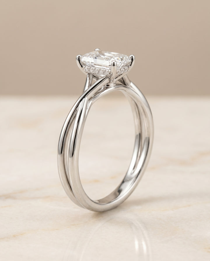 The Grace Twisted Shank Hidden Halo Solitaire Radiant Cut Engagement Ring Setting in 18K White Gold