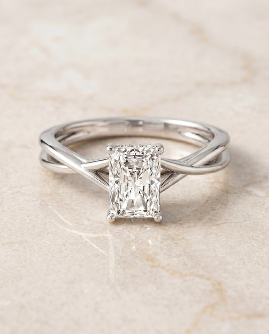 The Grace Solitaire Engagement Ring Setting for Radiant Diamonds in 18K White Gold