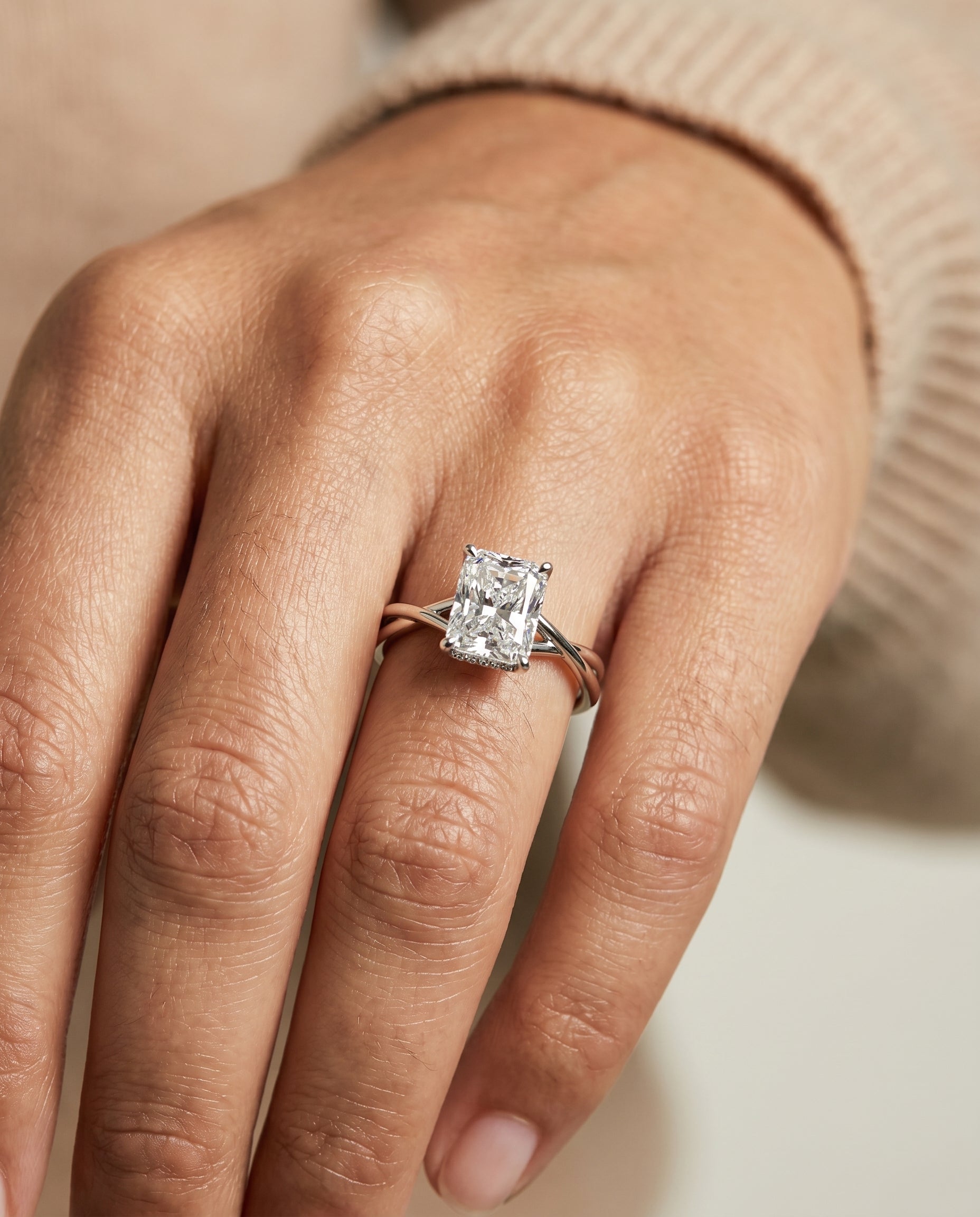 The Grace engagement ring setting in 18K White Gold, twisted shank hidden halo solitaire cut design | RockHer