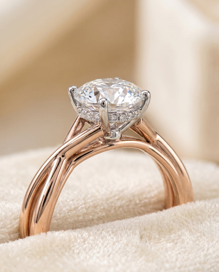 The Grace Twisted Shank Hidden Halo Solitaire Round Engagement Ring Setting in 14K Rose Gold