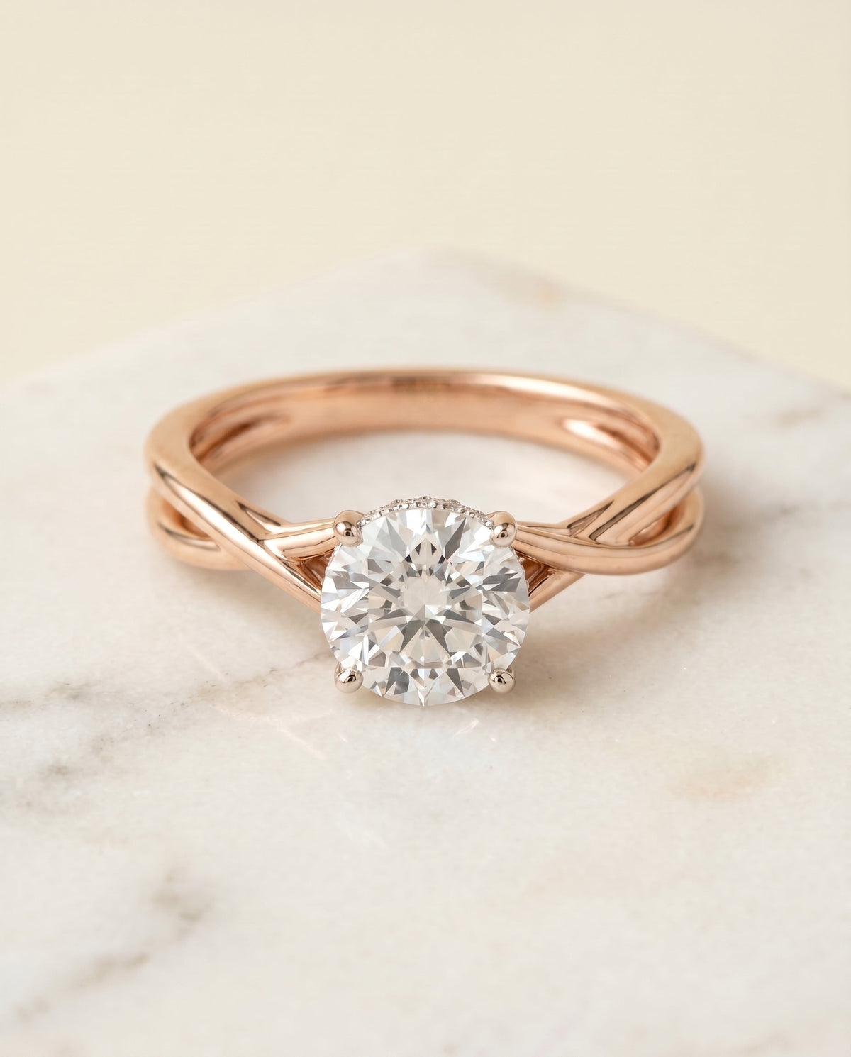 Grace Select Solitaire Round Lab Diamond Engagement Ring in 14K Rose Gold, shown on hand, angled | RockHer