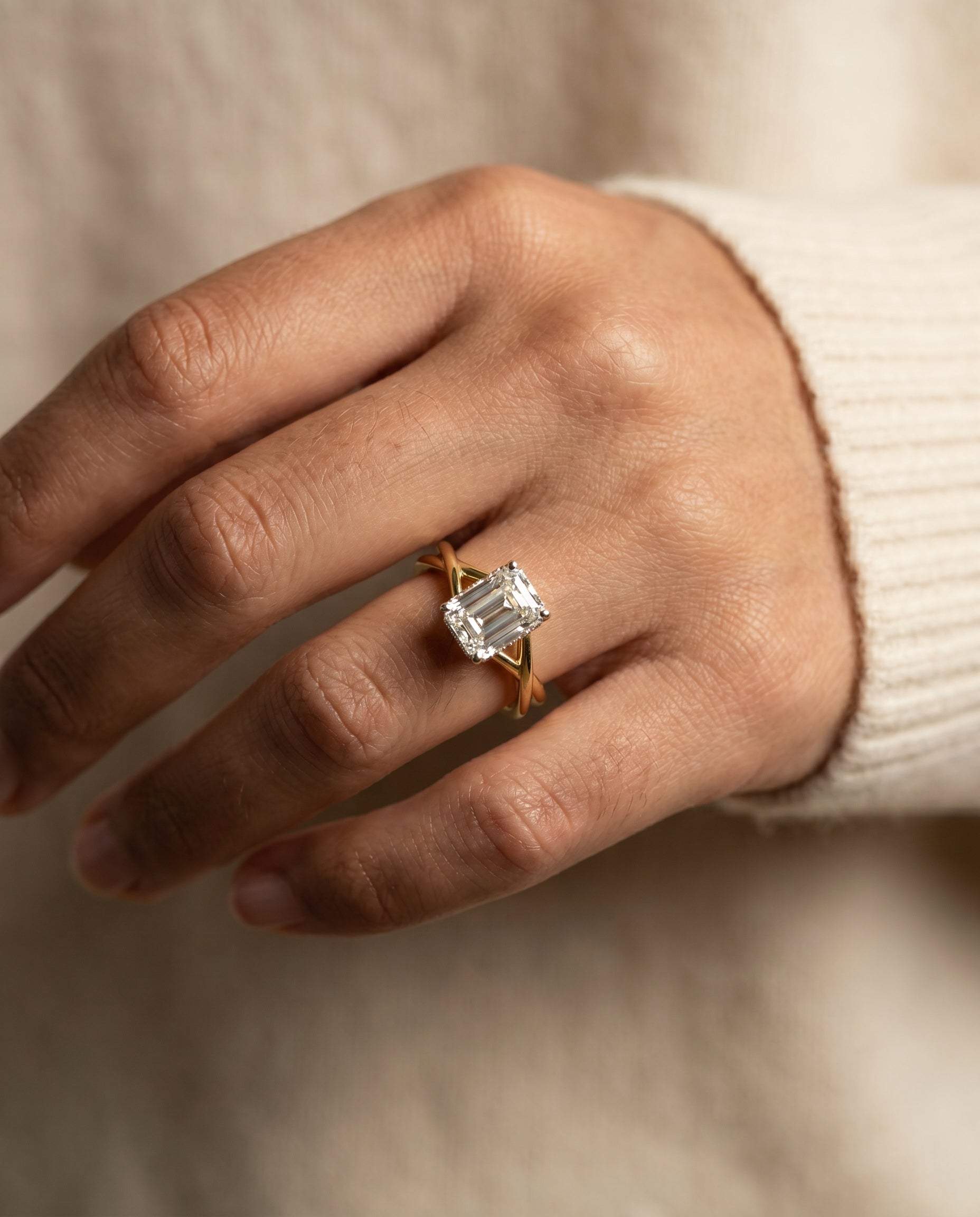 The Grace engagement ring setting in 18K Yellow Gold, twisted shank hidden halo solitaire cut design | RockHer