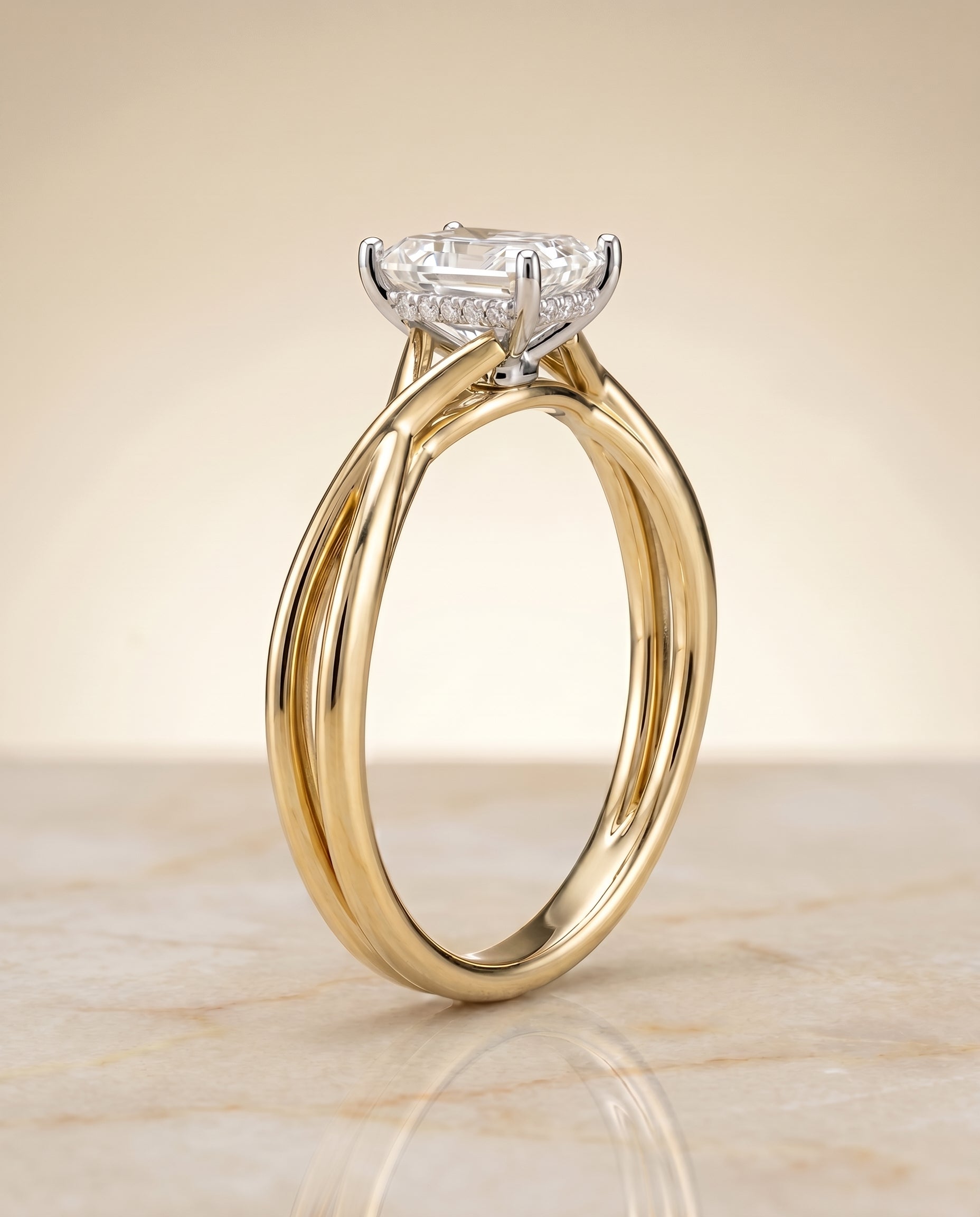 Twisted Shank Hidden Halo Solitaire Cut styling on The Grace radiant engagement ring setting | RockHer