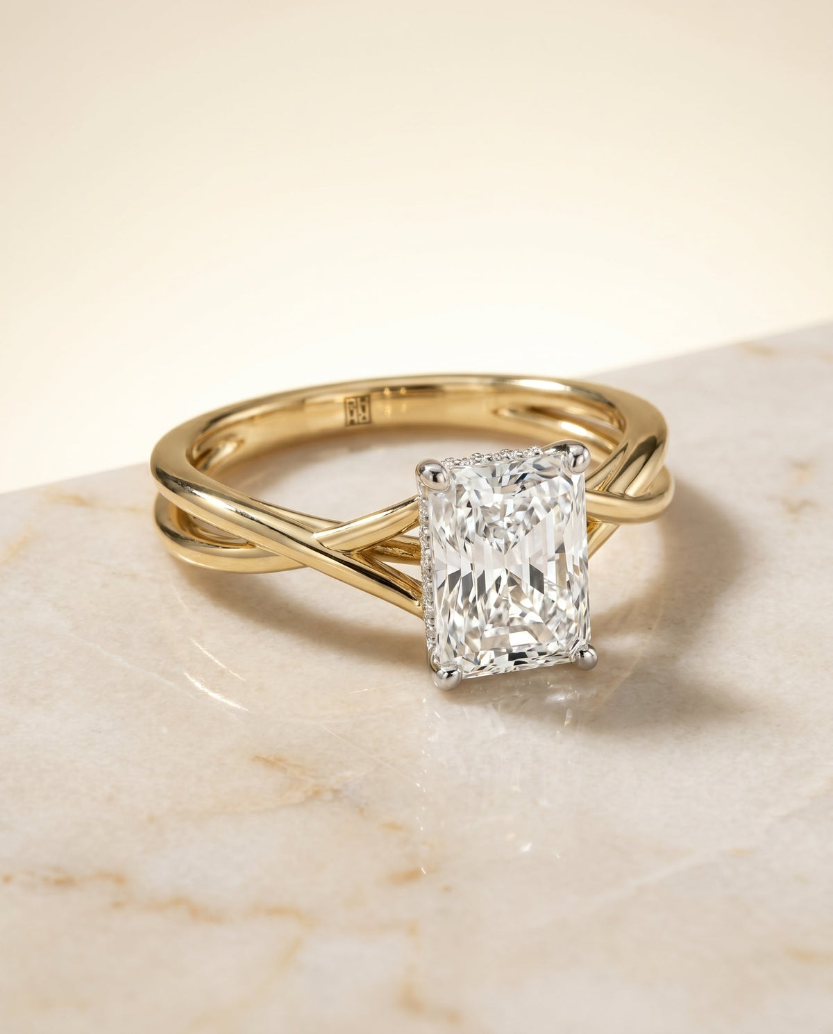 Grace Select Solitaire Radiant Cut Lab Diamond Engagement Ring in 18K Yellow Gold, shown on hand, angled | RockHer