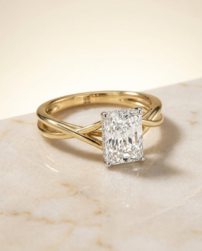 Grace Select Solitaire Radiant Cut Lab Diamond Engagement Ring in 18K Yellow Gold, shown on hand, angled | RockHer