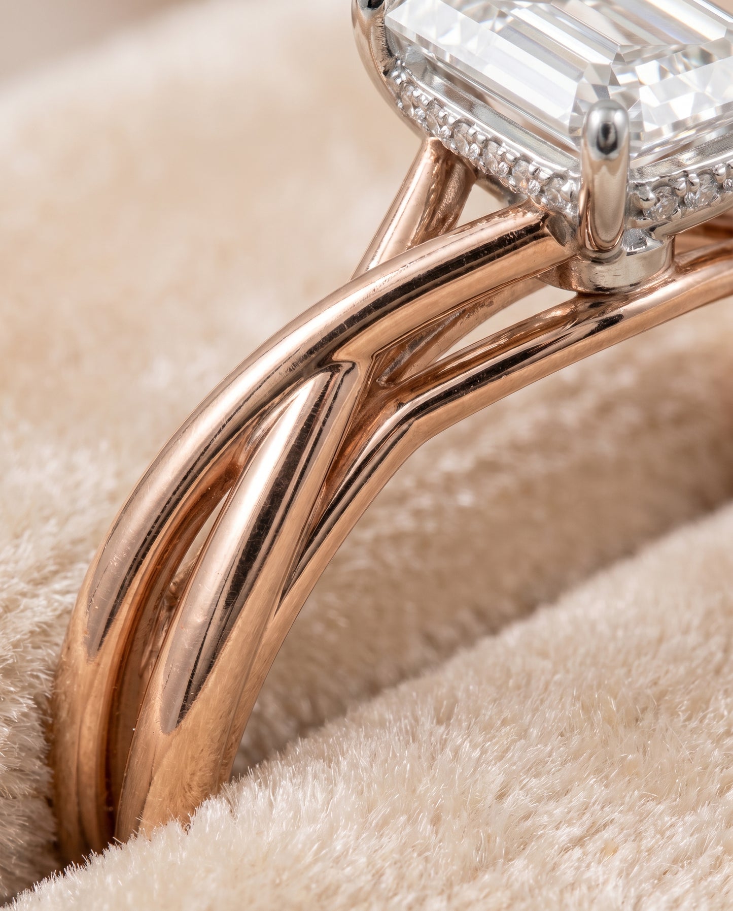 The Grace Twisted Shank Hidden Halo Solitaire Emerald Cut Engagement Ring Setting in 14K Rose Gold