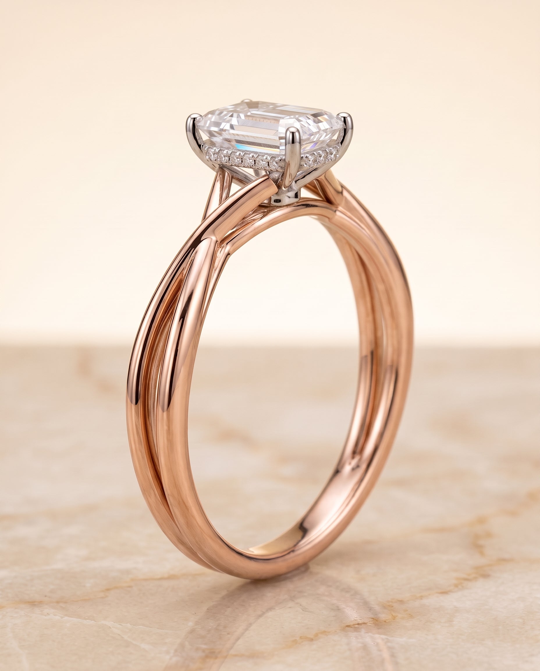 Twisted Shank Hidden Halo Solitaire Cut styling on The Grace emerald engagement ring setting | RockHer