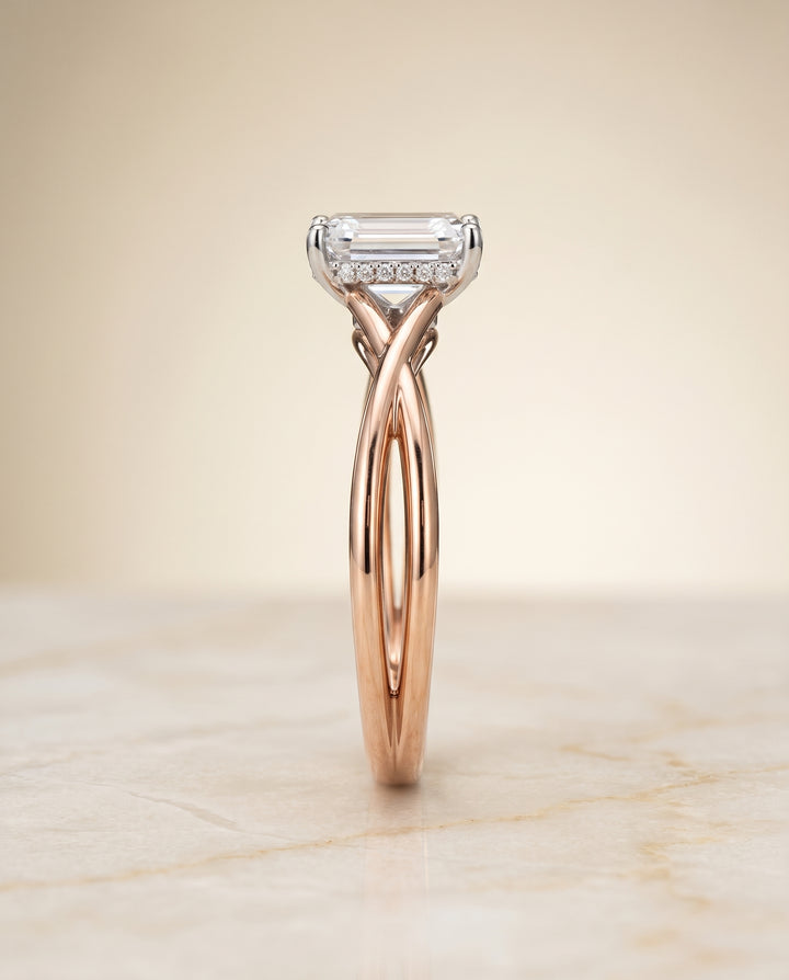The Grace Twisted Shank Hidden Halo Solitaire Emerald Cut Engagement Ring Setting in 14K Rose Gold