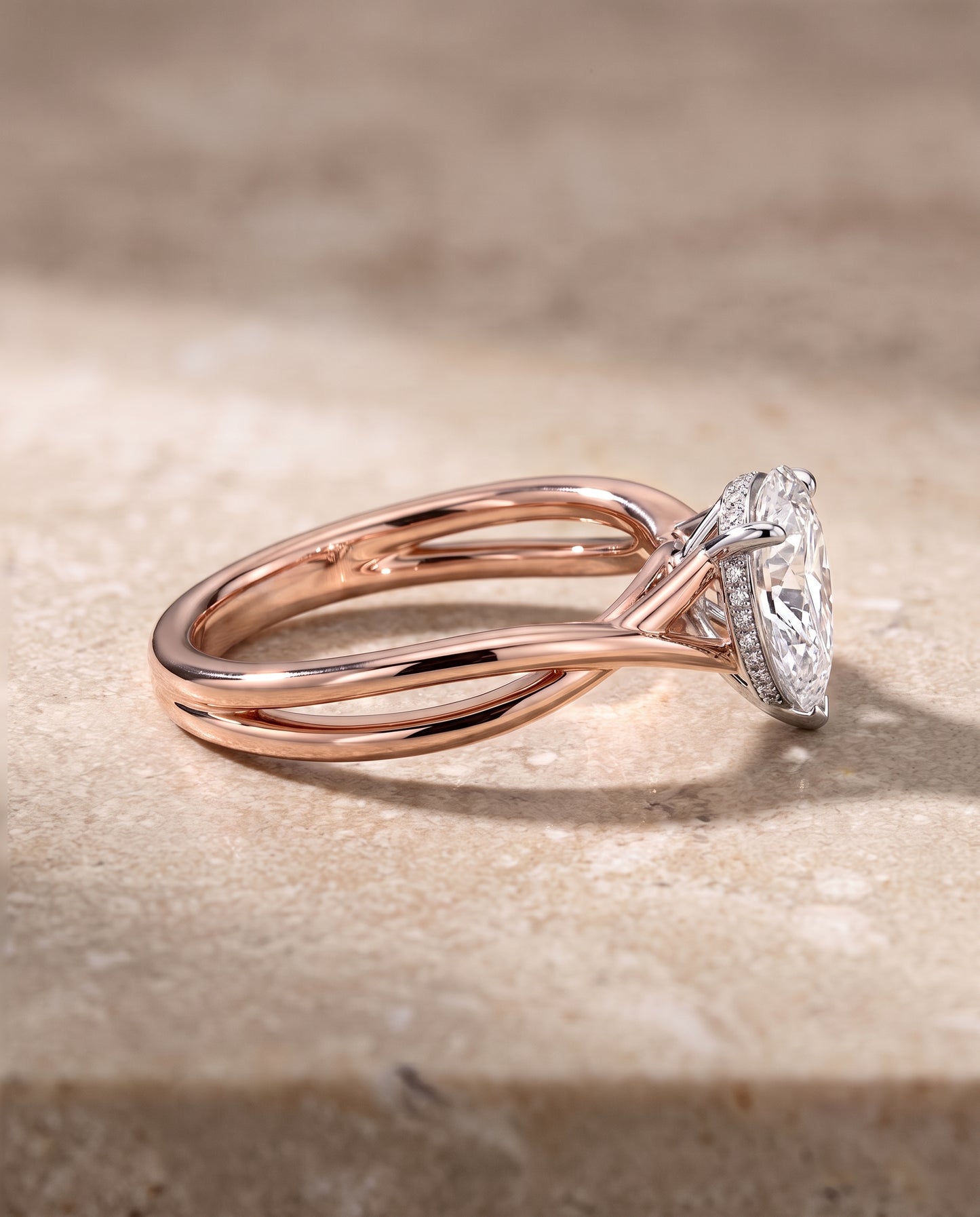 The Grace Twisted Shank Hidden Halo Solitaire Princess Cut Engagement Ring Setting in 14K Rose Gold