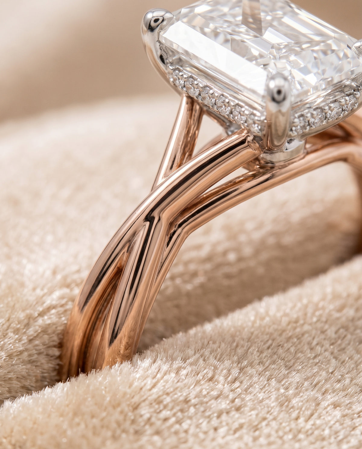 The Grace Twisted Shank Hidden Halo Solitaire Radiant Cut Engagement Ring Setting in 14K Rose Gold