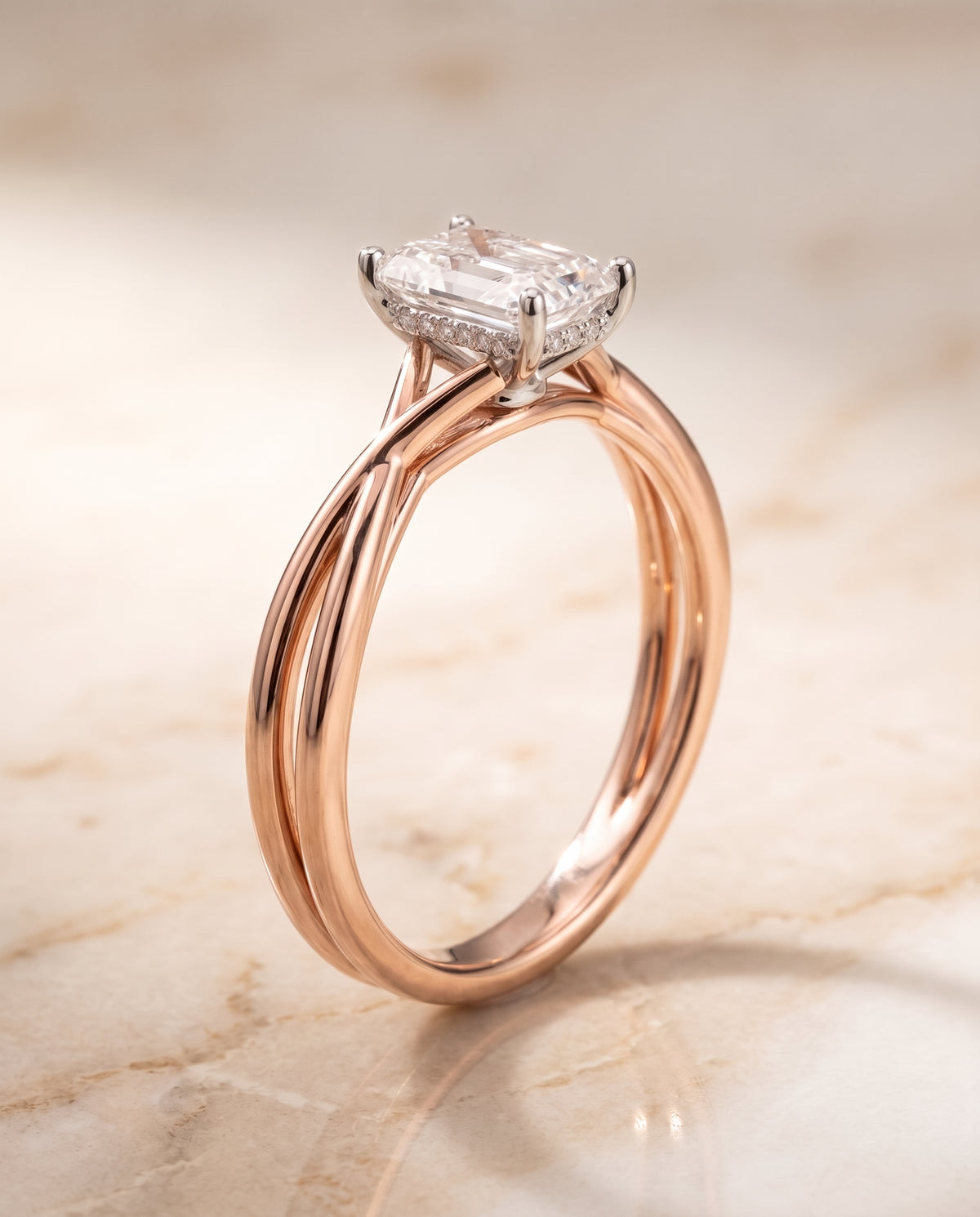 The Grace Twisted Shank Hidden Halo Solitaire Radiant Cut Engagement Ring Setting in 14K Rose Gold