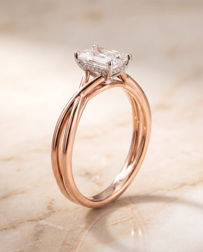 The Grace Twisted Shank Hidden Halo Solitaire Radiant Cut Engagement Ring Setting in 14K Rose Gold