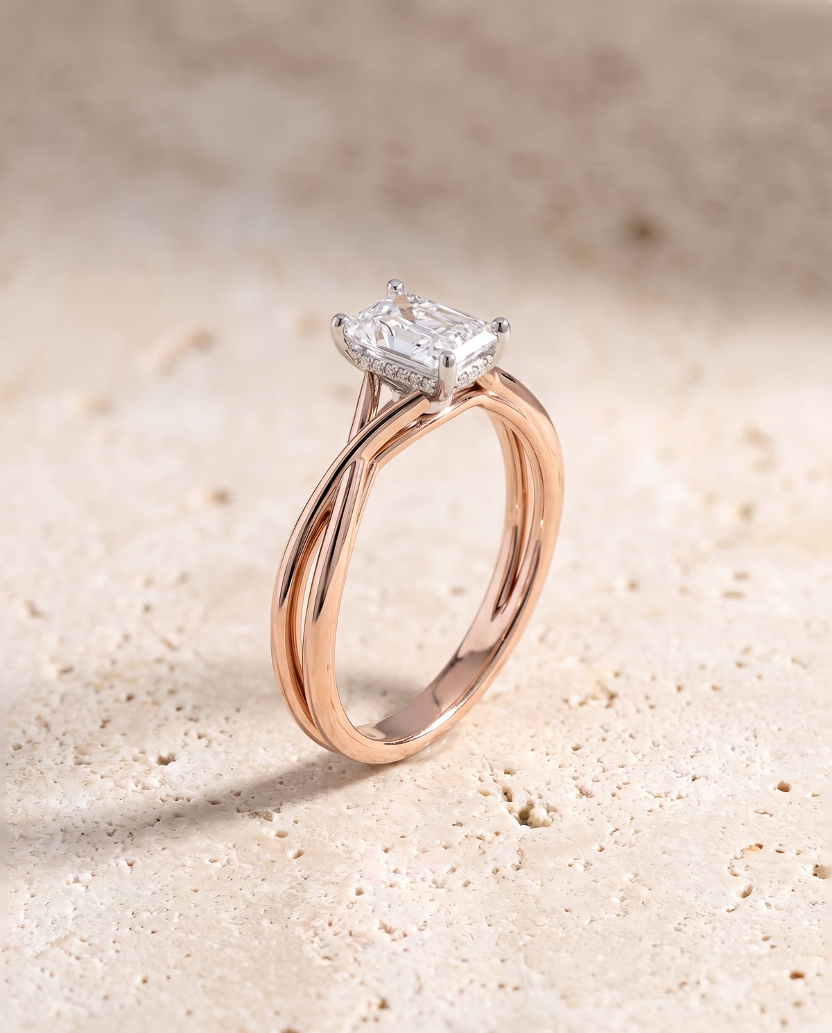 The Grace Twisted Shank Hidden Halo Solitaire Radiant Cut Engagement Ring Setting in 14K Rose Gold