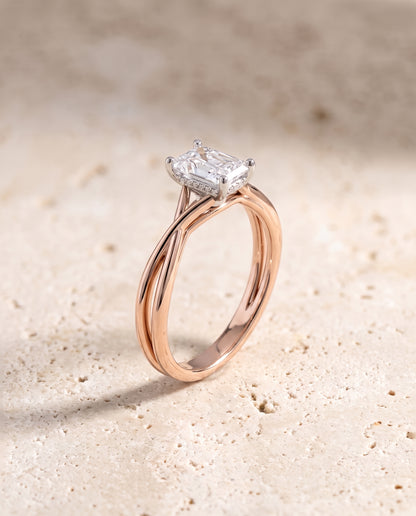 The Grace Twisted Shank Hidden Halo Solitaire Radiant Cut Engagement Ring Setting in 14K Rose Gold