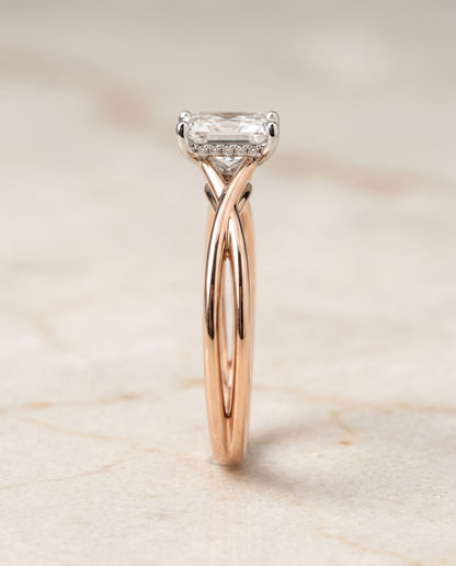 The Grace Twisted Shank Hidden Halo Solitaire Radiant Cut Engagement Ring Setting in 14K Rose Gold