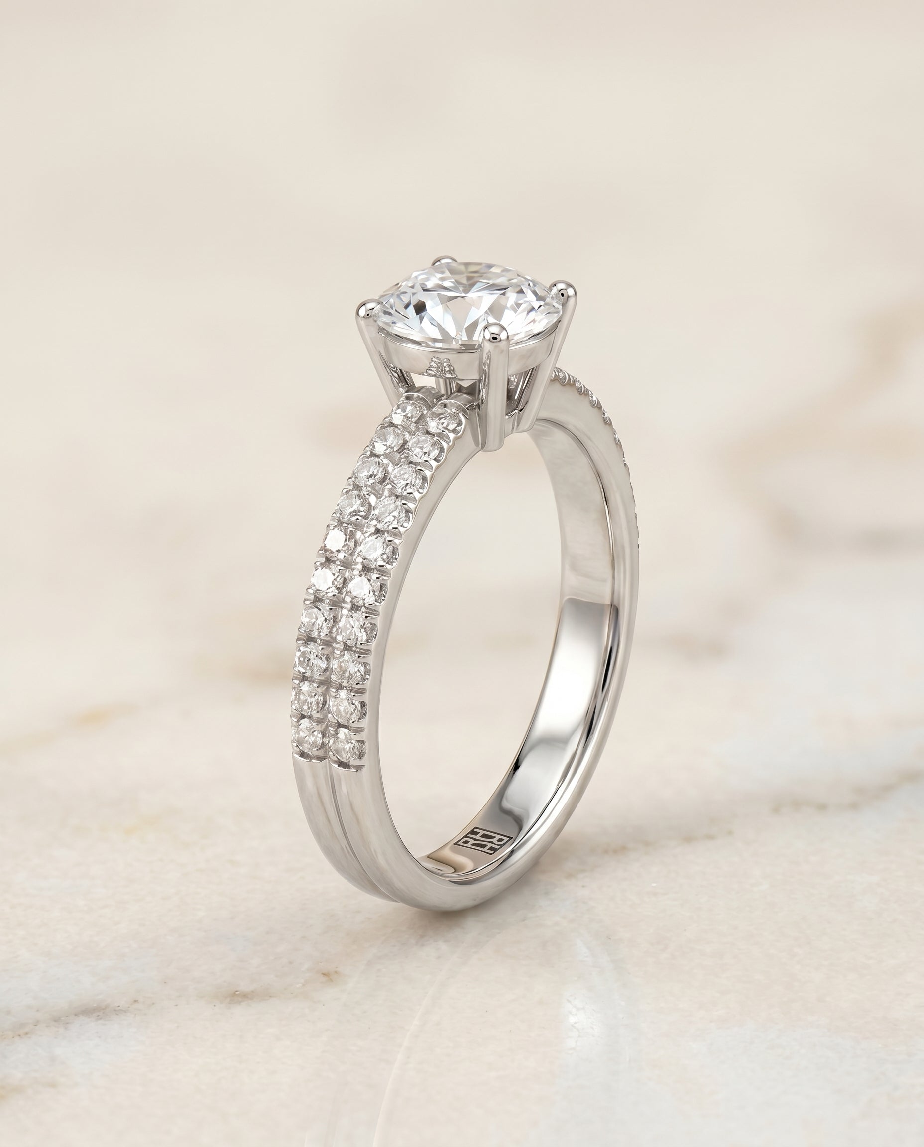Gwen Select Double Row Micro Set Pavé Round Lab Diamond Engagement Ring in 18K White Gold, alternate angle | RockHer
