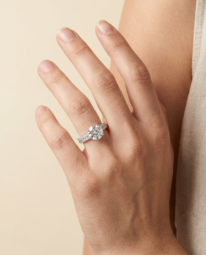 Gwen Select Double Row Micro Set Pavé Round Lab Diamond Engagement Ring in Platinum, shown on hand | RockHer