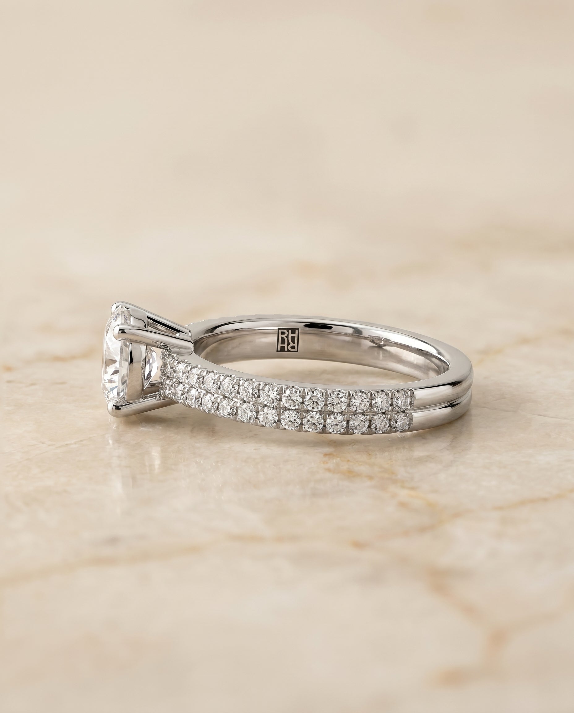 Double Row Micro Set Pavé styling on The Gwen round engagement ring setting | RockHer