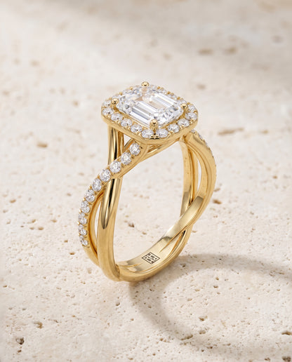The Harmony Twisted Vine Halo Emerald Cut Engagement Ring Setting in 18K Yellow Gold