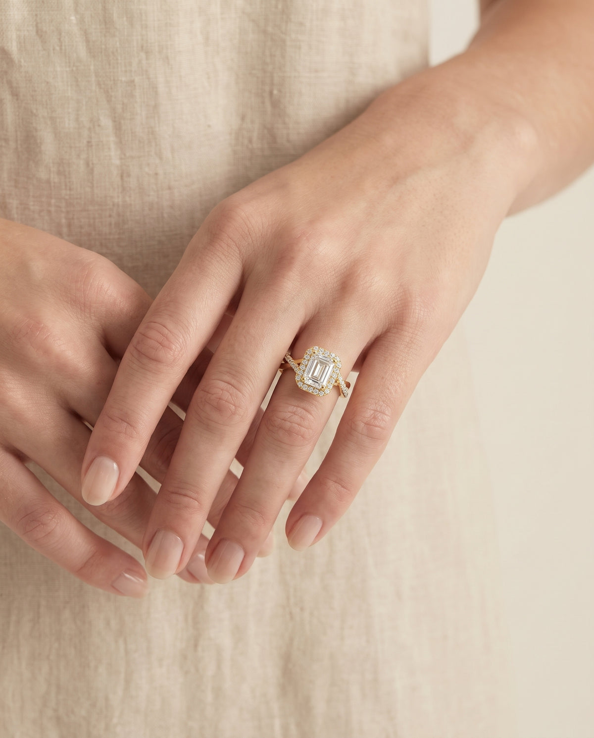 The Harmony Twisted Vine Halo Emerald Cut Engagement Ring Setting in 18K Yellow Gold