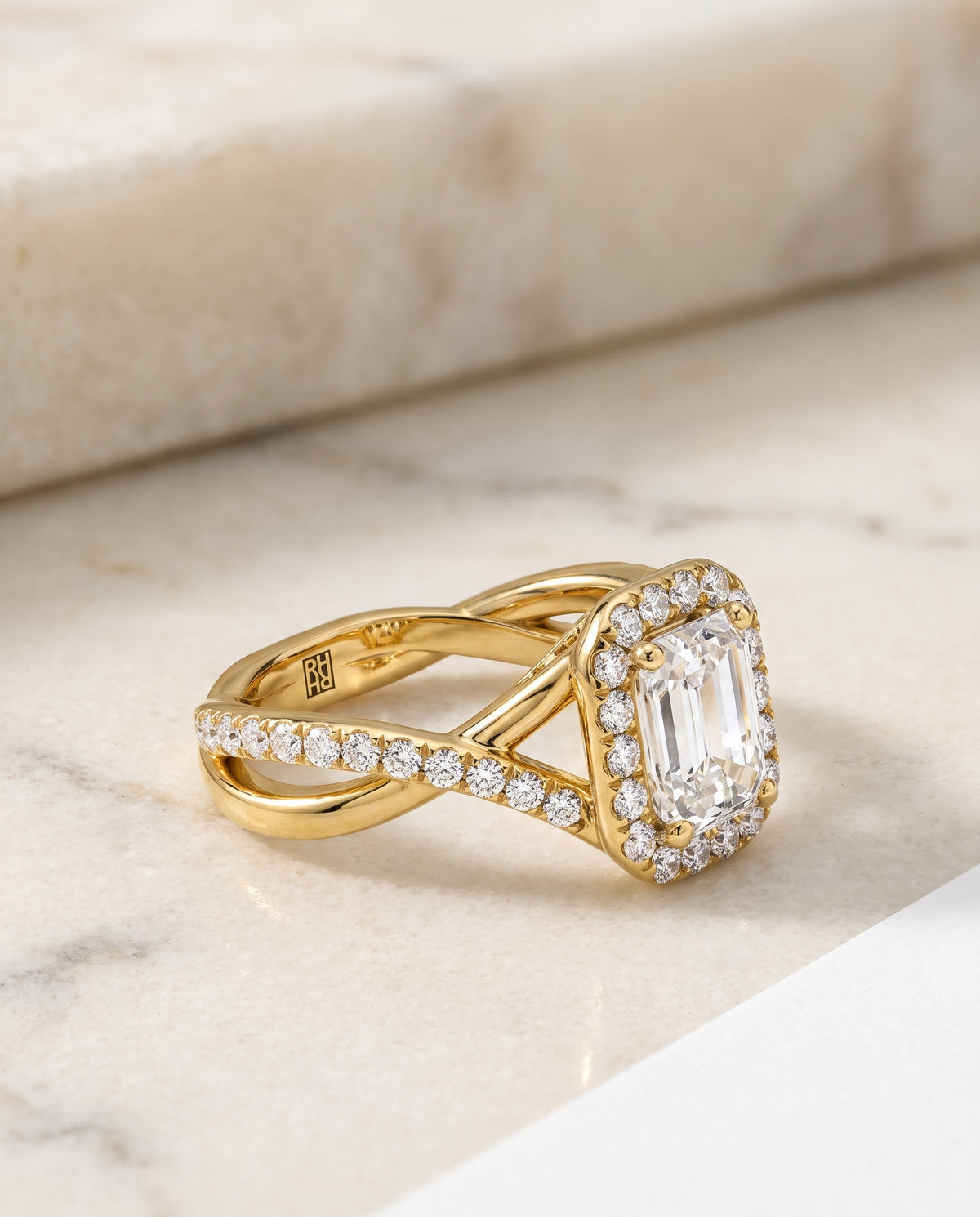 The Harmony Twisted Vine Halo Emerald Cut Engagement Ring Setting in 18K Yellow Gold
