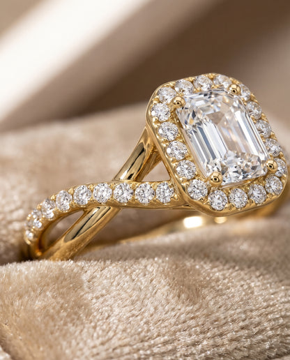The Harmony Twisted Vine Halo Emerald Cut Engagement Ring Setting in 18K Yellow Gold