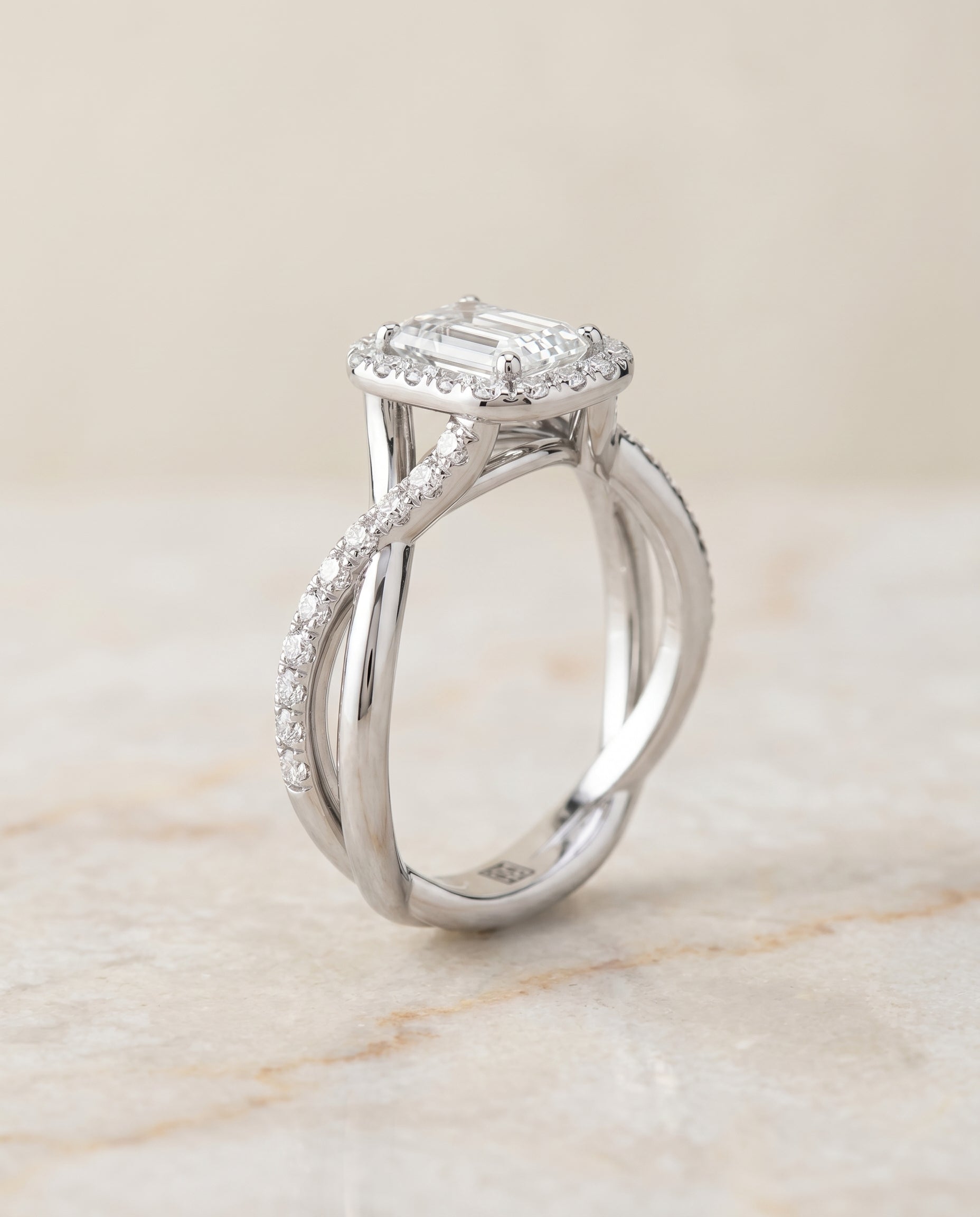 The Harmony twisted vine halo cut engagement ring setting, shown in Platinum | RockHer