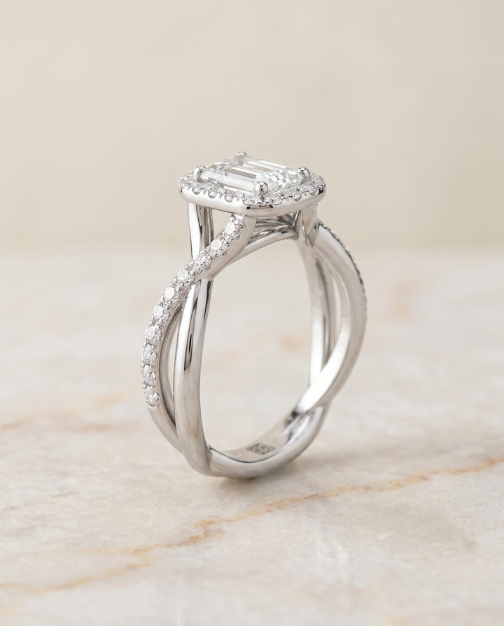 European Cut, Twisted Vine Halo Emerald, in Platinum, pave setting – angled view | RockHer