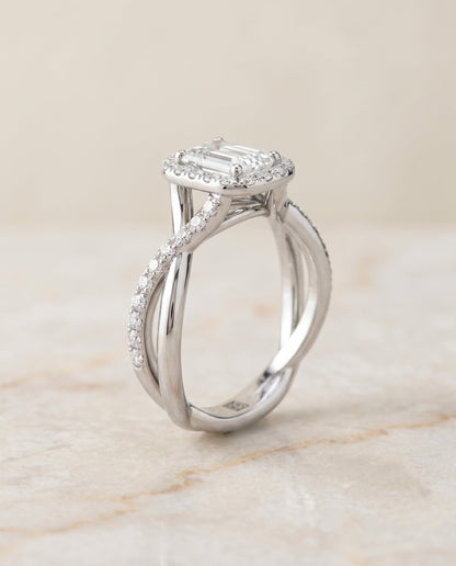 Harmony Select Twisted Vine Halo Emerald Cut Lab Diamond Engagement Ring in 14K White Gold, alternate angle | RockHer