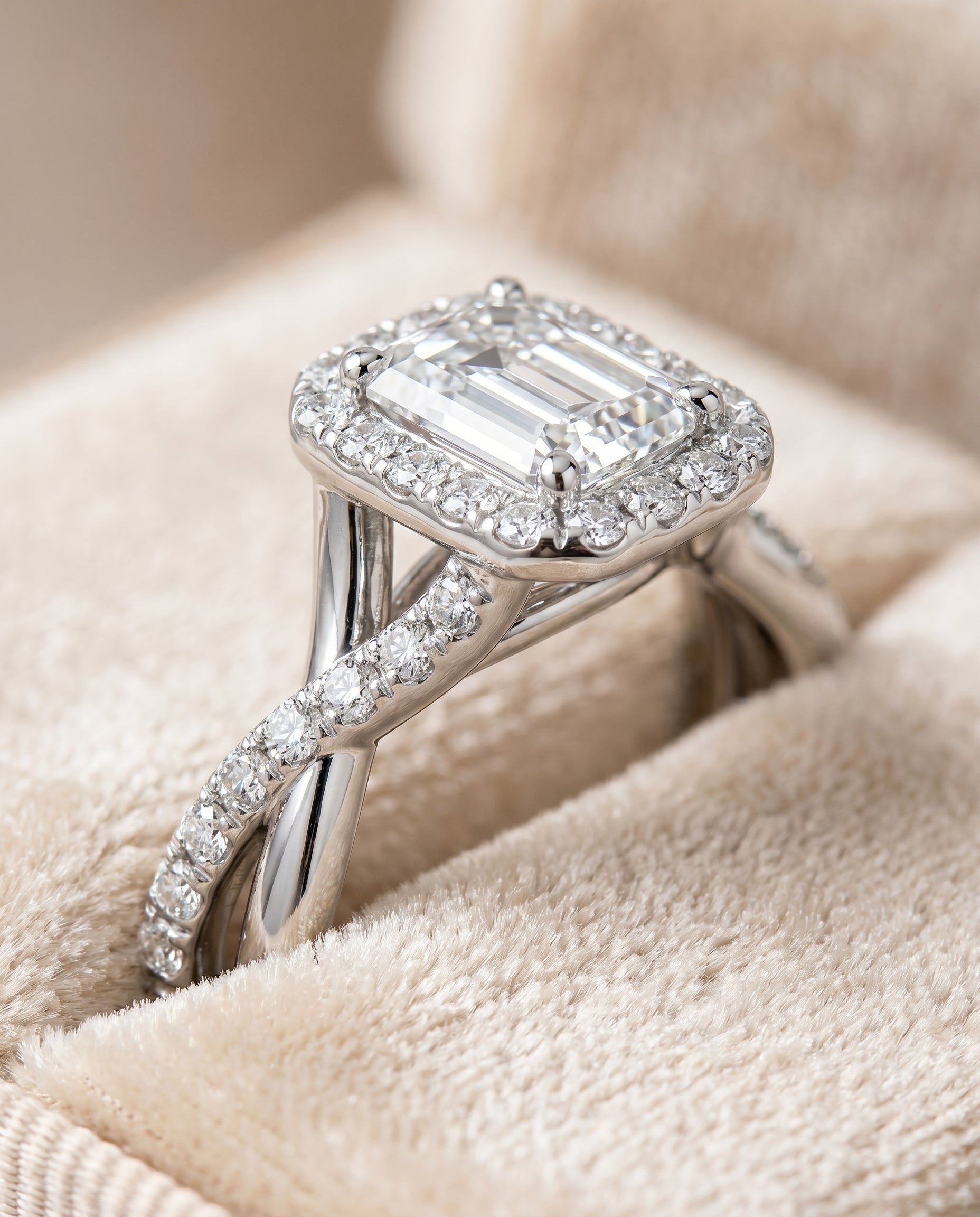 Harmony Select Twisted Vine Halo Emerald Cut Lab Diamond Engagement Ring in Platinum, detail view | RockHer
