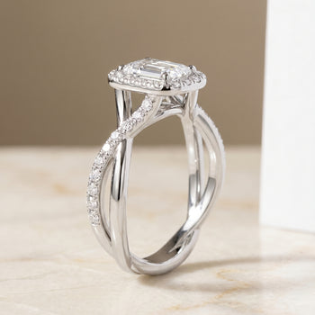 The Harmony Twisted Vine Halo Emerald Cut Engagement Ring Setting in Platinum