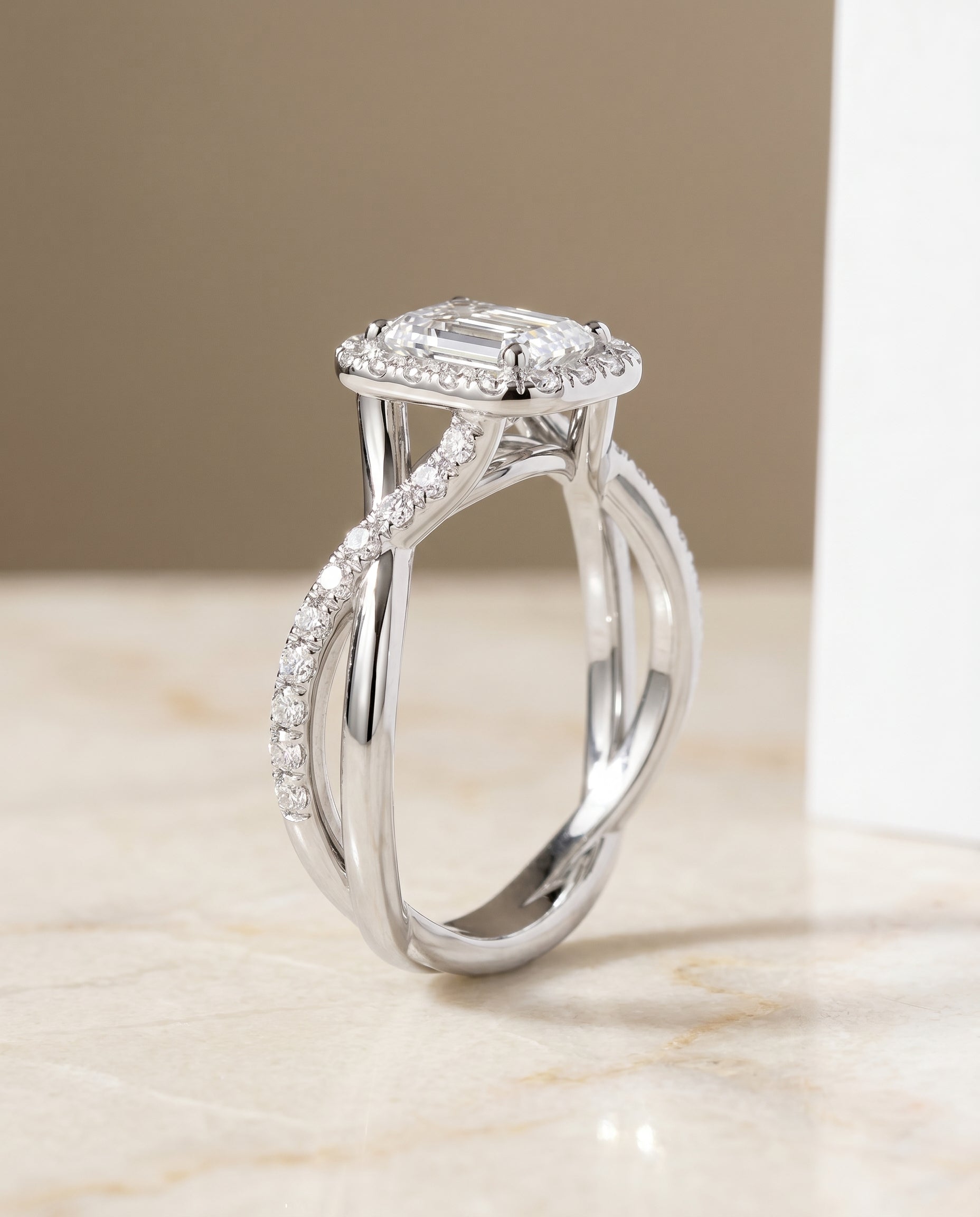 Harmony Select Twisted Vine Halo Emerald Cut in 14K White Gold – view 1
