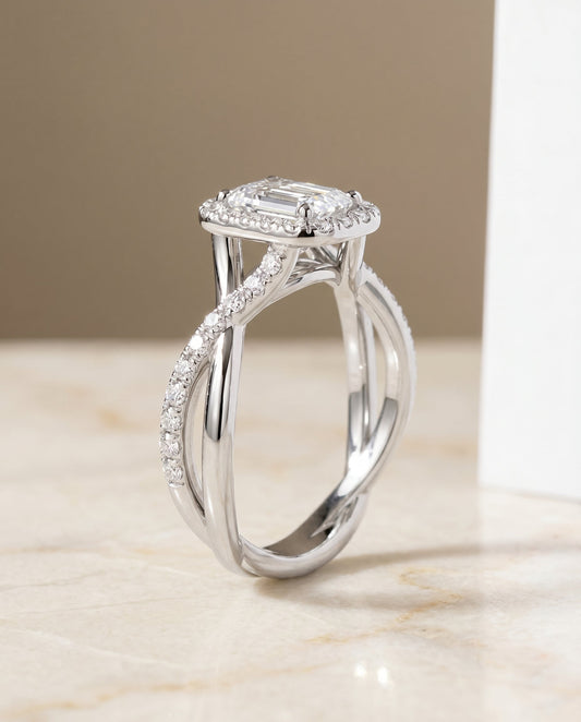 Harmony Select Twisted Vine Halo Emerald Cut in 14K White Gold – view 1