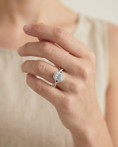 European Cut, Twisted Vine Halo Emerald, in Platinum, pave setting – lifestyle shot | RockHer
