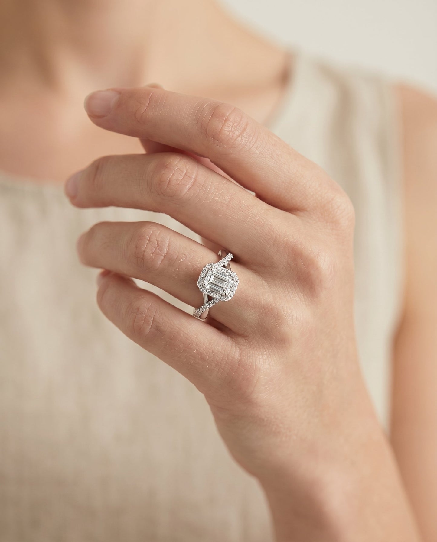 Harmony Select Twisted Vine Halo Emerald Cut in 14K White Gold – view 5