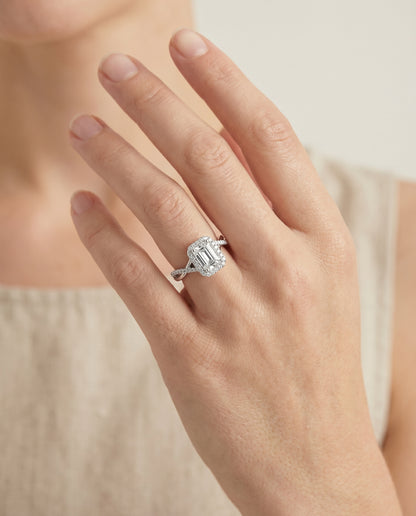 European Cut, Twisted Vine Halo Emerald, in Platinum, pave setting – lifestyle shot | RockHer