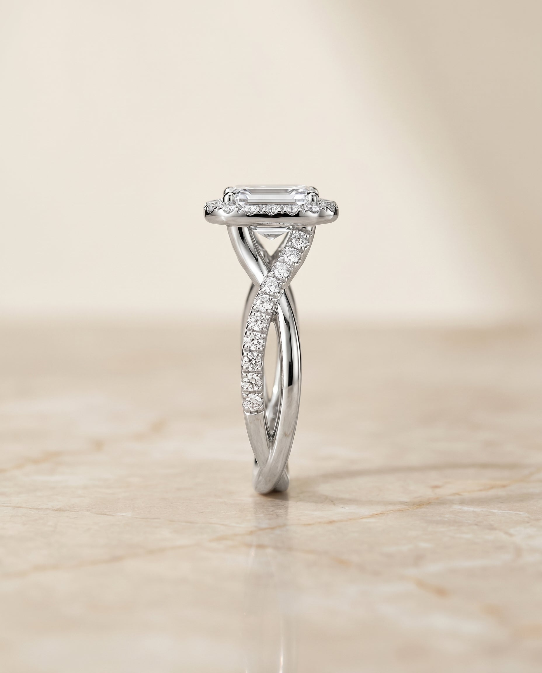 Twisted Vine Halo Cut styling on The Harmony emerald engagement ring setting | RockHer