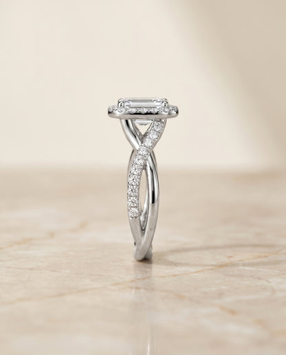 European Cut, Twisted Vine Halo Emerald, in Platinum, pave setting – side profile | RockHer