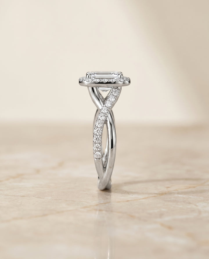 European Cut, Twisted Vine Halo Emerald, in Platinum, pave setting – side profile | RockHer