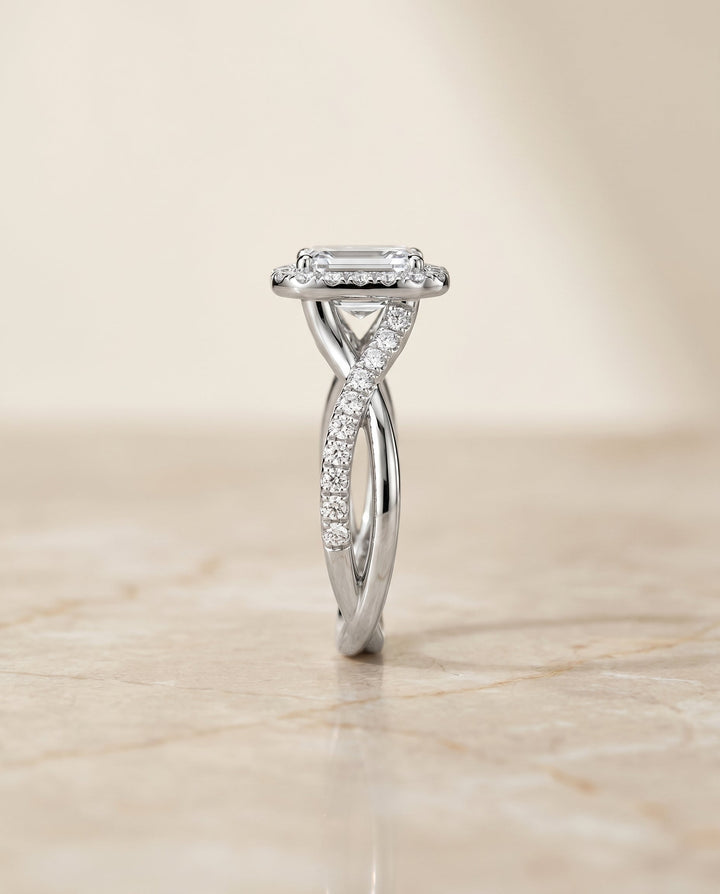 Harmony Select Twisted Vine Halo Emerald Cut in 14K White Gold – view 2