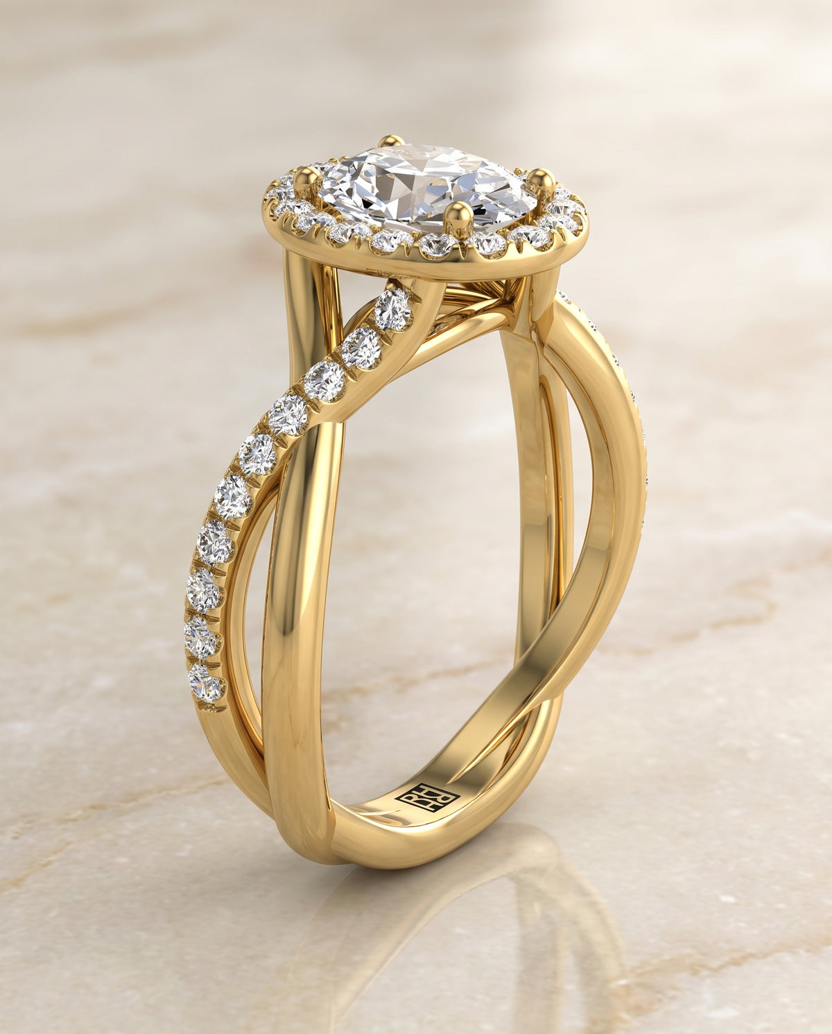 The Harmony Twisted Vine Halo Oval Engagement Ring Setting in 18K Yellow Gold