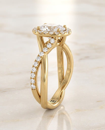 The Harmony Twisted Vine Halo Oval Engagement Ring Setting in 18K Yellow Gold