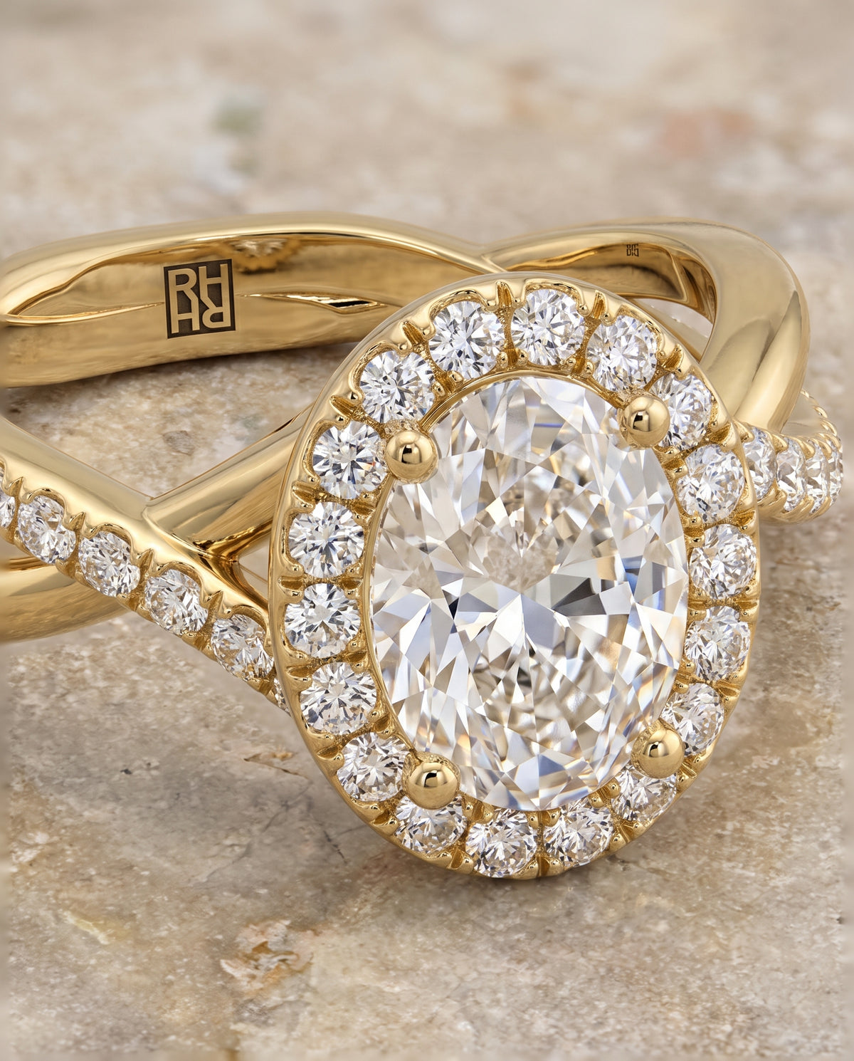 The Harmony Twisted Vine Halo Oval Engagement Ring Setting in 18K Yellow Gold