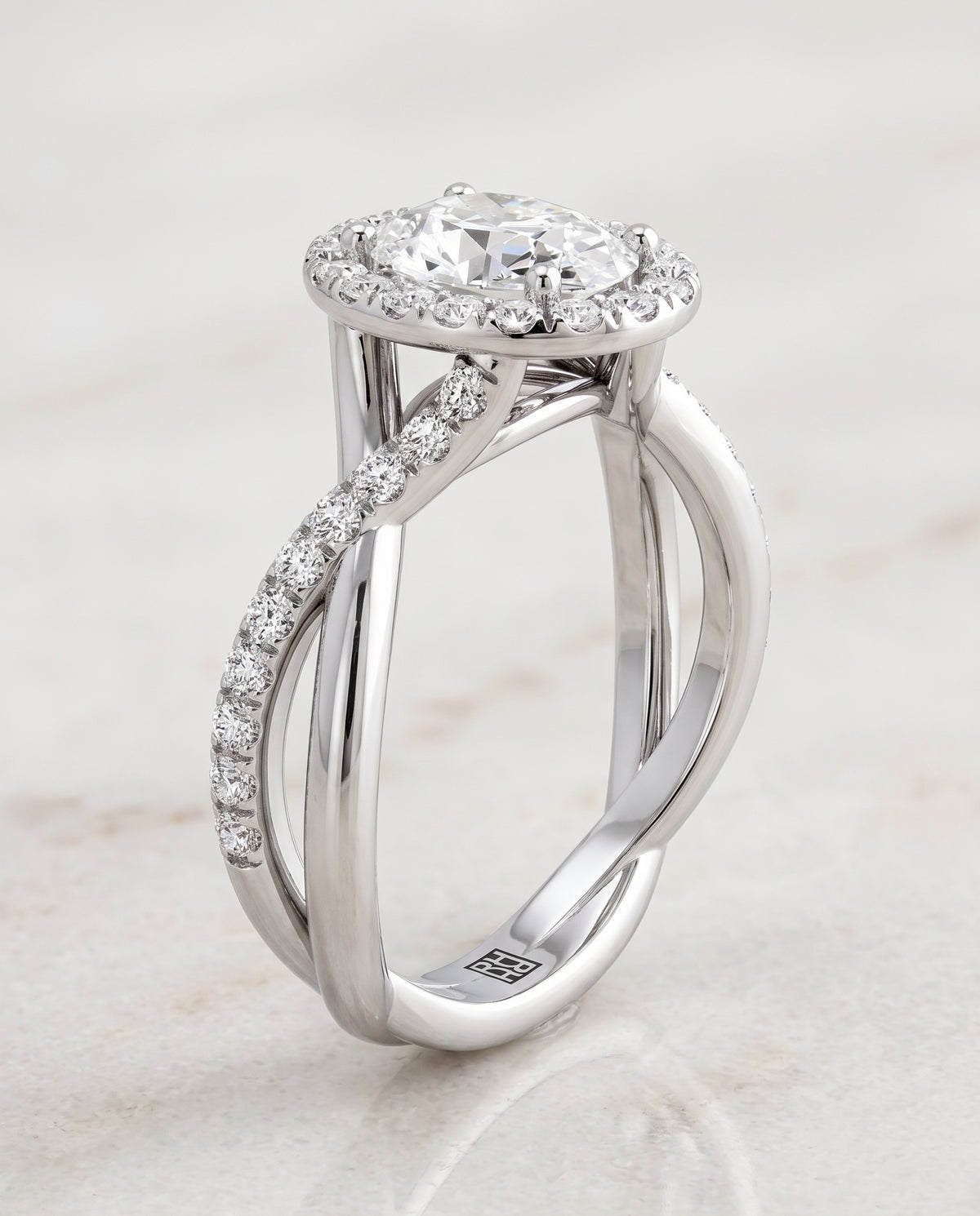 The Harmony Twisted Vine Halo Oval Engagement Ring Setting in Platinum
